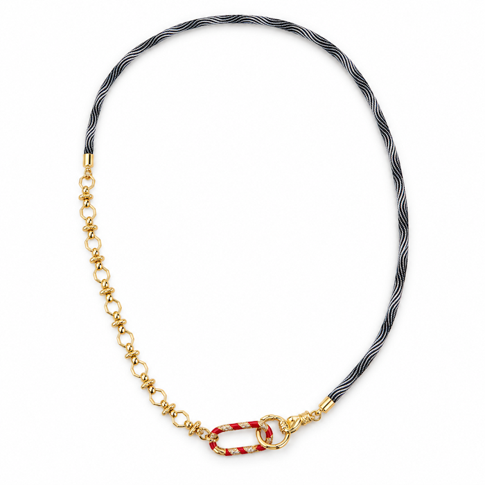 Black + White Cord Necklace - Red Crystal Carabiner