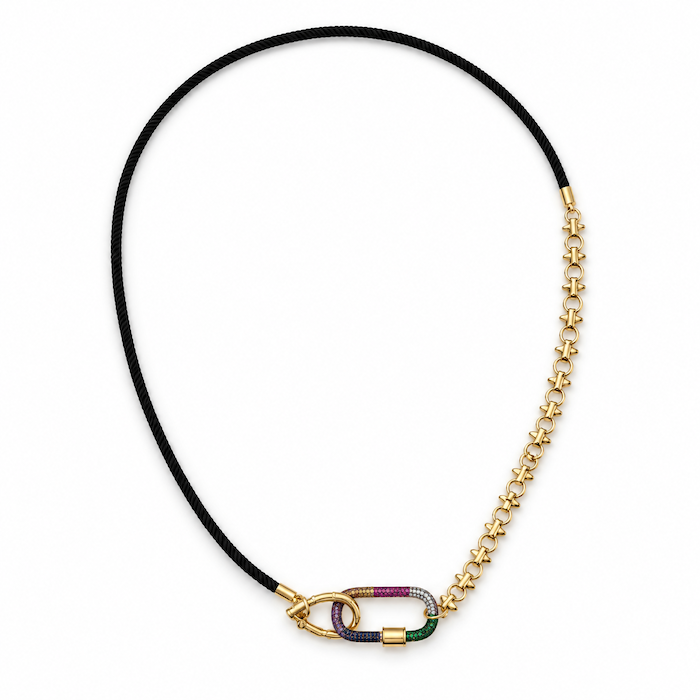 Jet Black Cord Necklace - Multi-Color Crystal Carabiner