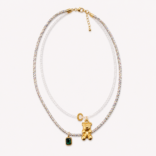 Turkish Gummy Necklace MOONSTONE, GREEN CRYSTAL, WHITE COLORFUL CORD (SURPRISE)