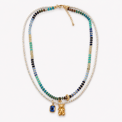 Turkish Gummy Necklace MIXED TEAL/BLUE GEMS, BLUE CRYSTAL, WHITE COLORFUL CORD (SURPRISE)