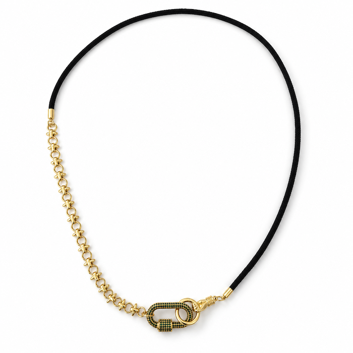 Jet Black Cord Necklace - Green Crystal Carabiner