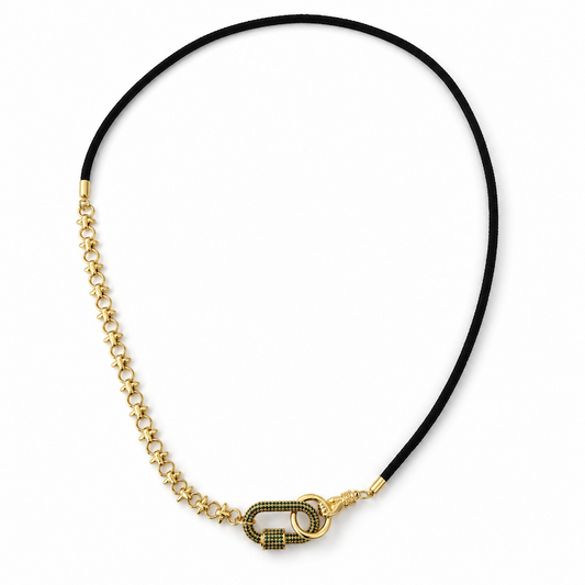 Jet Black Cord Necklace - Green Crystal Carabiner