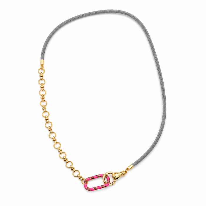 Light Gray Cord Necklace - Pink Enamel Crystal Carabiner