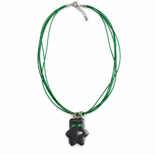 Gray Gloss Metallic Stardust Clay Bear Necklace Green Satin Cord (SURPRISE)