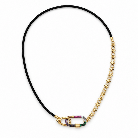 Jet Black Cord Necklace - Multi-Color Crystal Carabiner