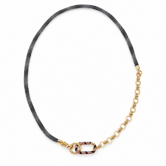 Black + White Cord Necklace - Black Crystal Carabiner