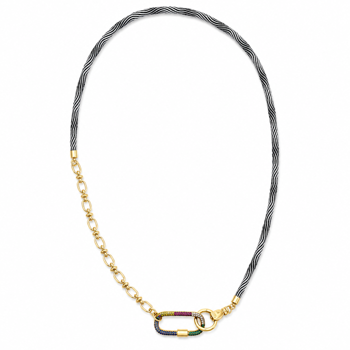 Black + White Cord Necklace - Rainbow Crystal Carabiner